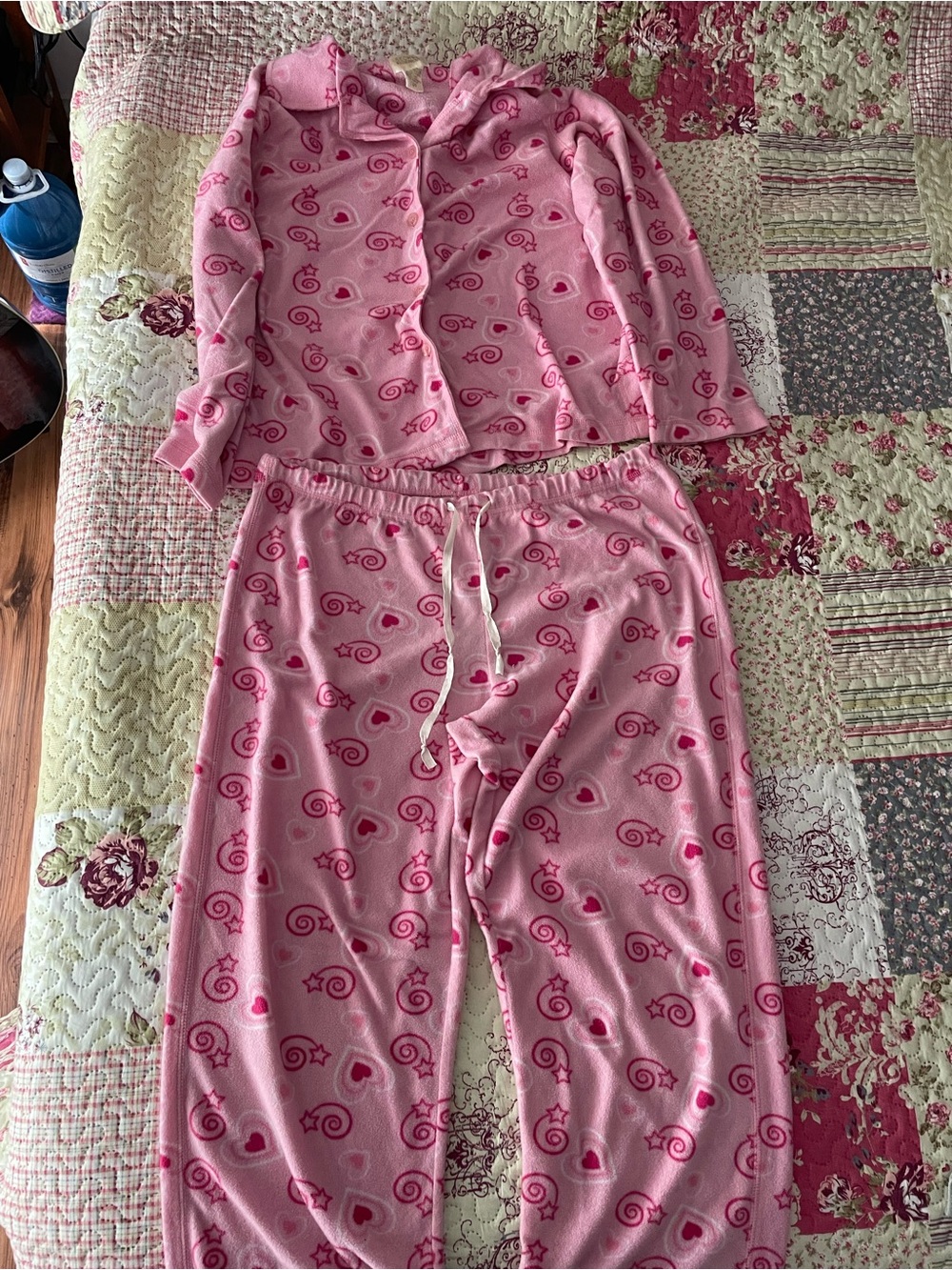 Secret Possessions Pink Fleece Pajama Set with Heart & Swirl Motif